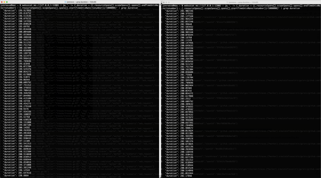Showing span latency in the terminal before and after the tail sampling processor