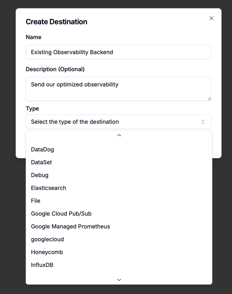 operational-agility-integration-list-illustration Dropdown menu showing wide integration capabilities with destinations.