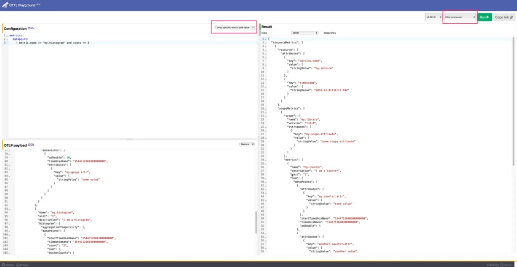 OTTL Playground to test filters for metric cardinality