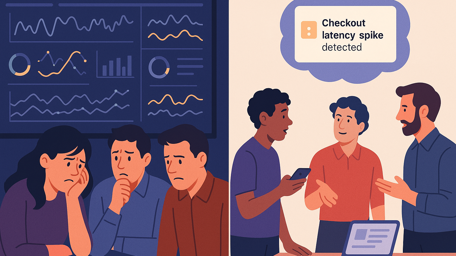 Feature showing teams confused by dashboards on the left, getting proactive intelligent insights collaboratively on the right.