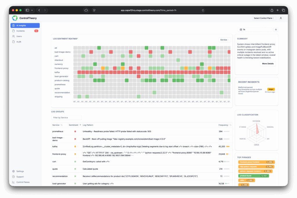 AI Log Analysis showing log sentiment heatmap