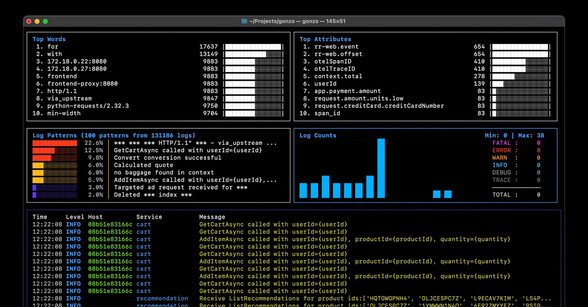 Gonzo open source log analysis TUI