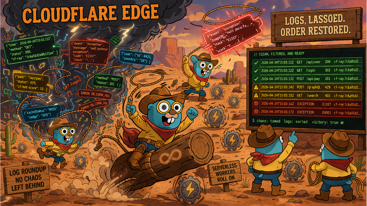 Picture showing Gonzo wrangling Cloudflare edge function and worker logs