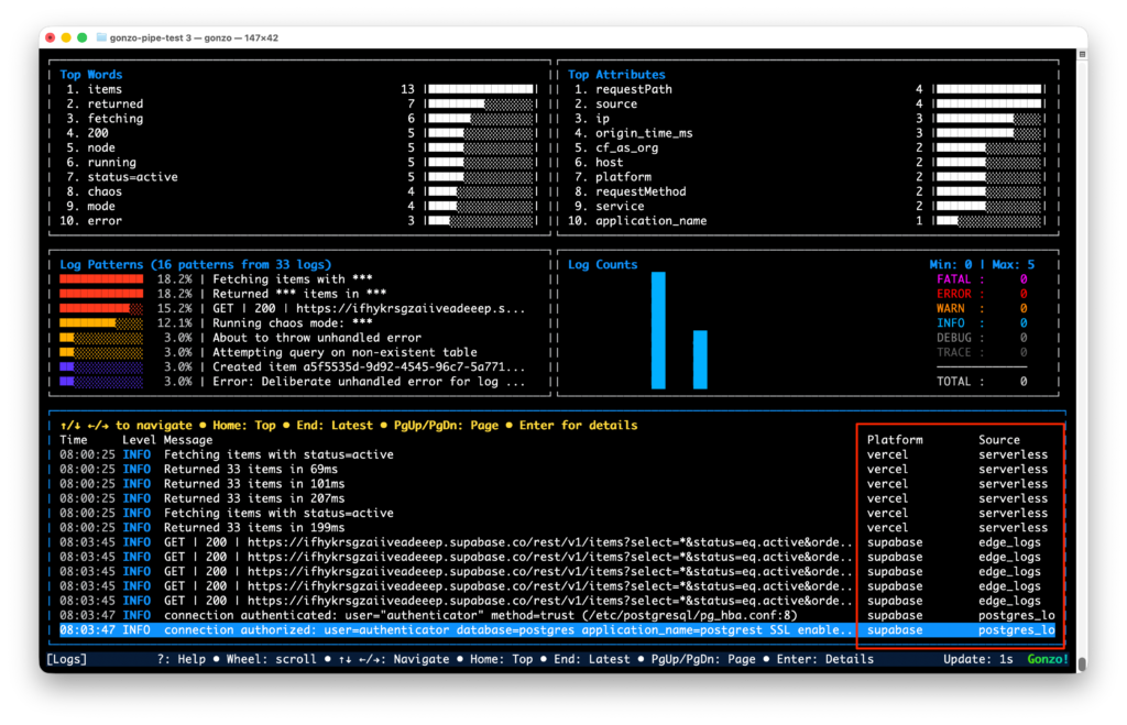 Image showing Gonzo for vibe coding debugging across Vercel and Supabase