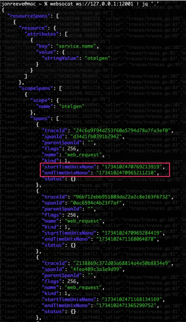 Showing a sample span in the terminal produced by the otelgen utility