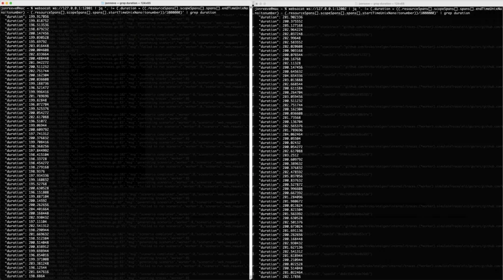 Showing span latency in the terminal before and after the tail sampling processor