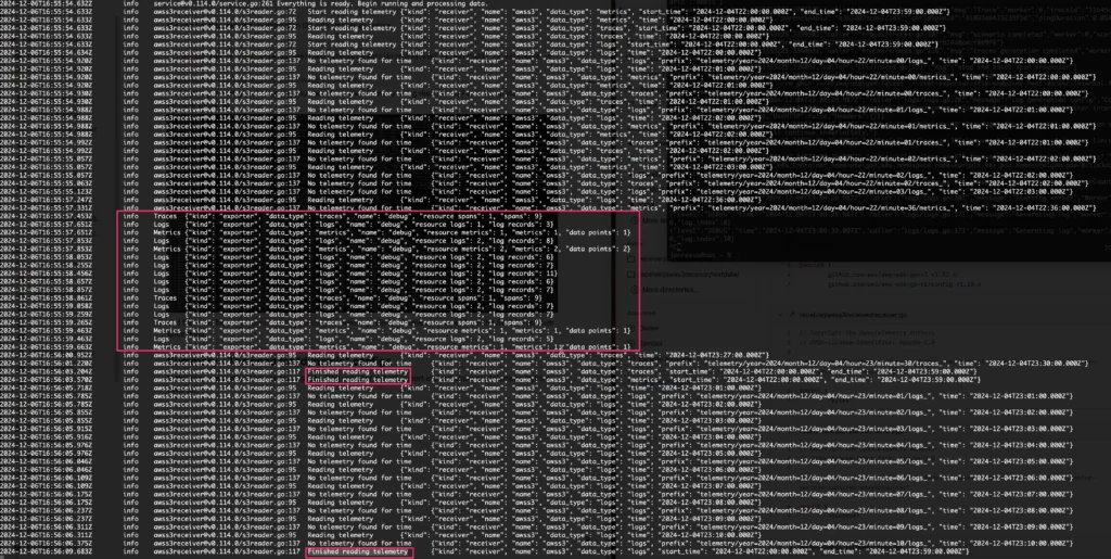 Picture of Debug Exporter Output from the terminal