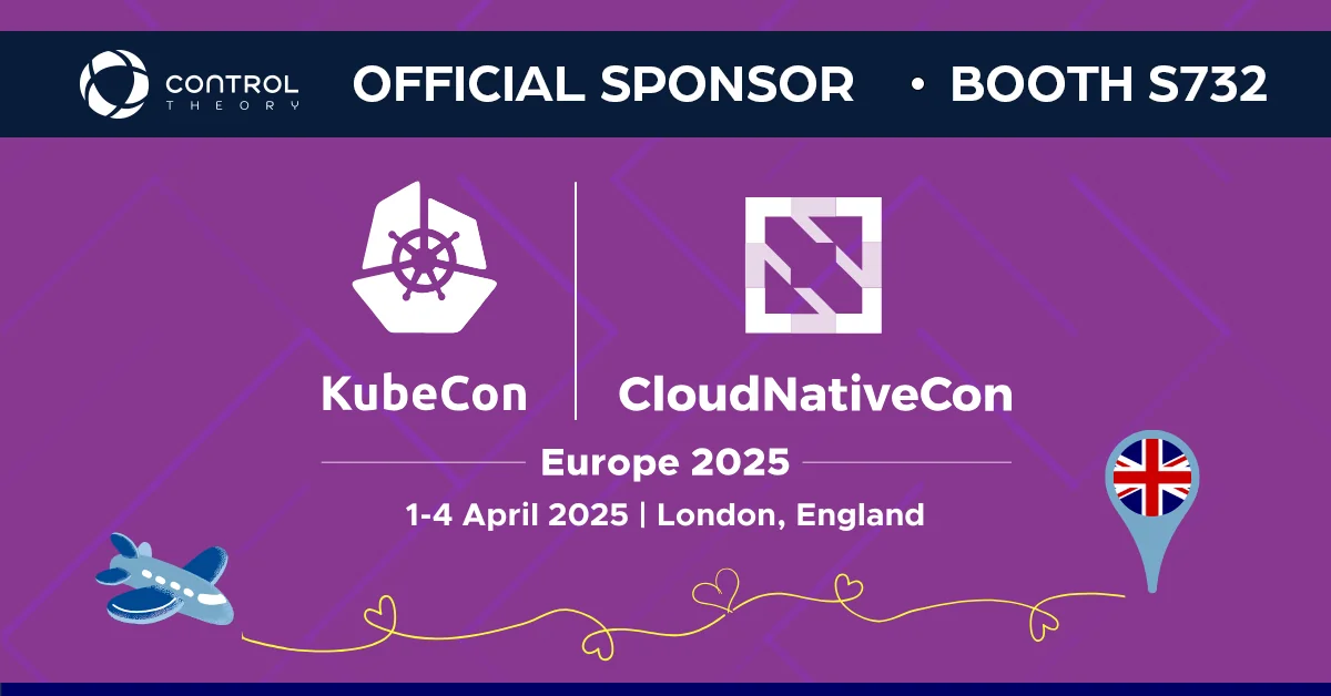 Image showing KubeCon Europe and ControlTheory as an official sponsor coming out of stealth with controllability of observability