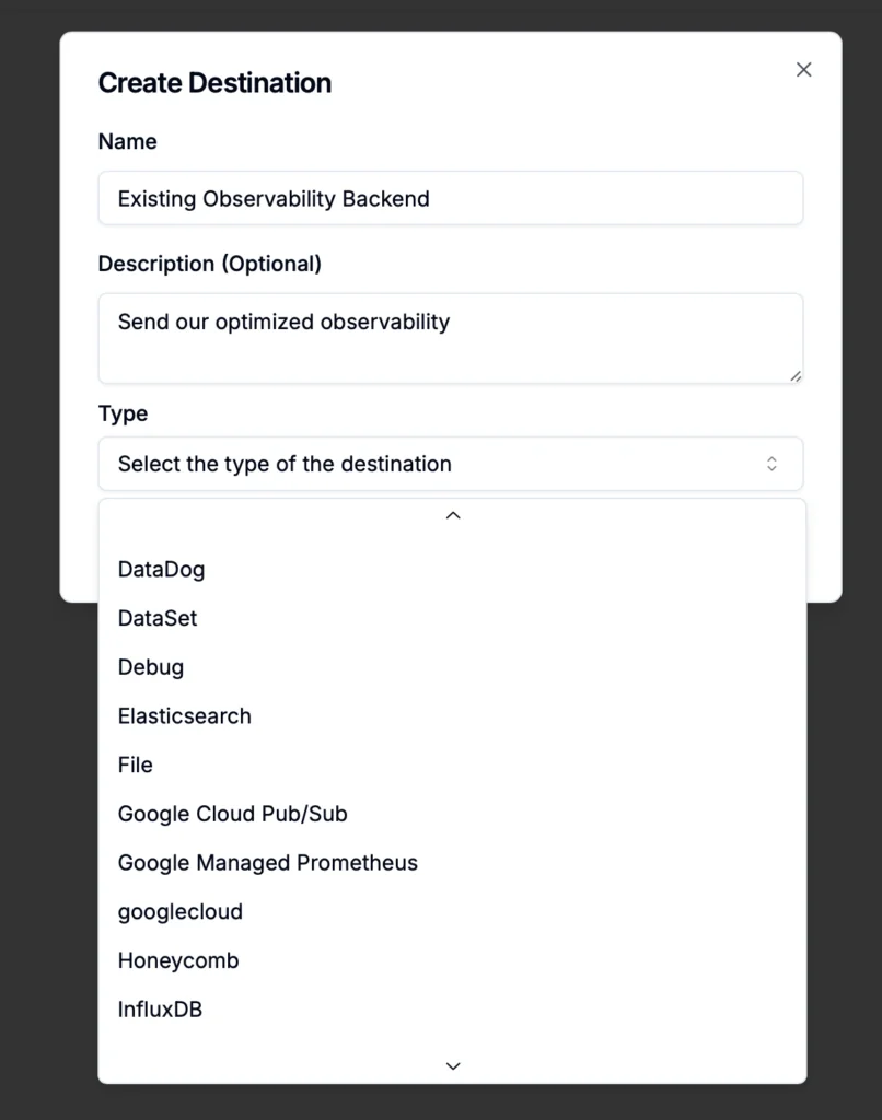 operational-agility-integration-list-illustration Dropdown menu showing wide integration capabilities with destinations.